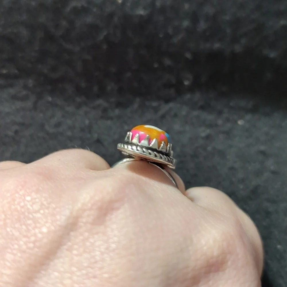 Silver Plated Pink Blue Cotton Candy Dahlia Turquoise Gemstone Statement Ring